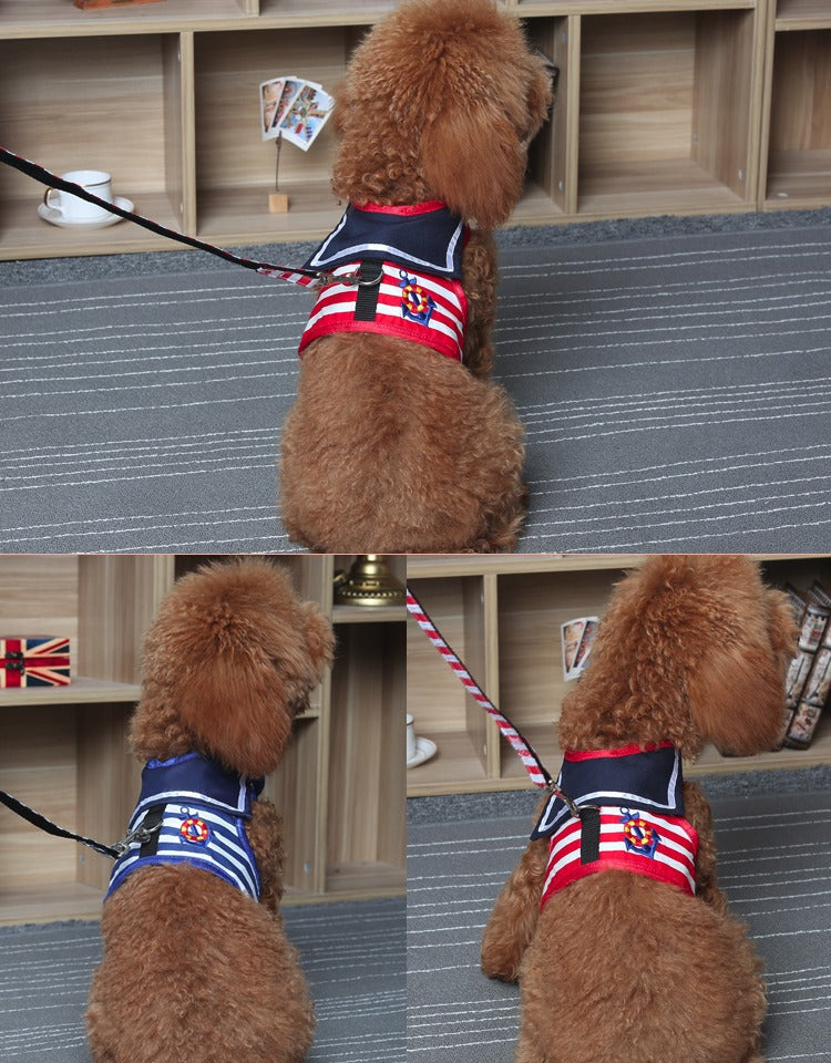 KFX-8103741 Pet Chest Strap Set with Leash - Cloth Material, Blue and Red, Sizes XS to XL