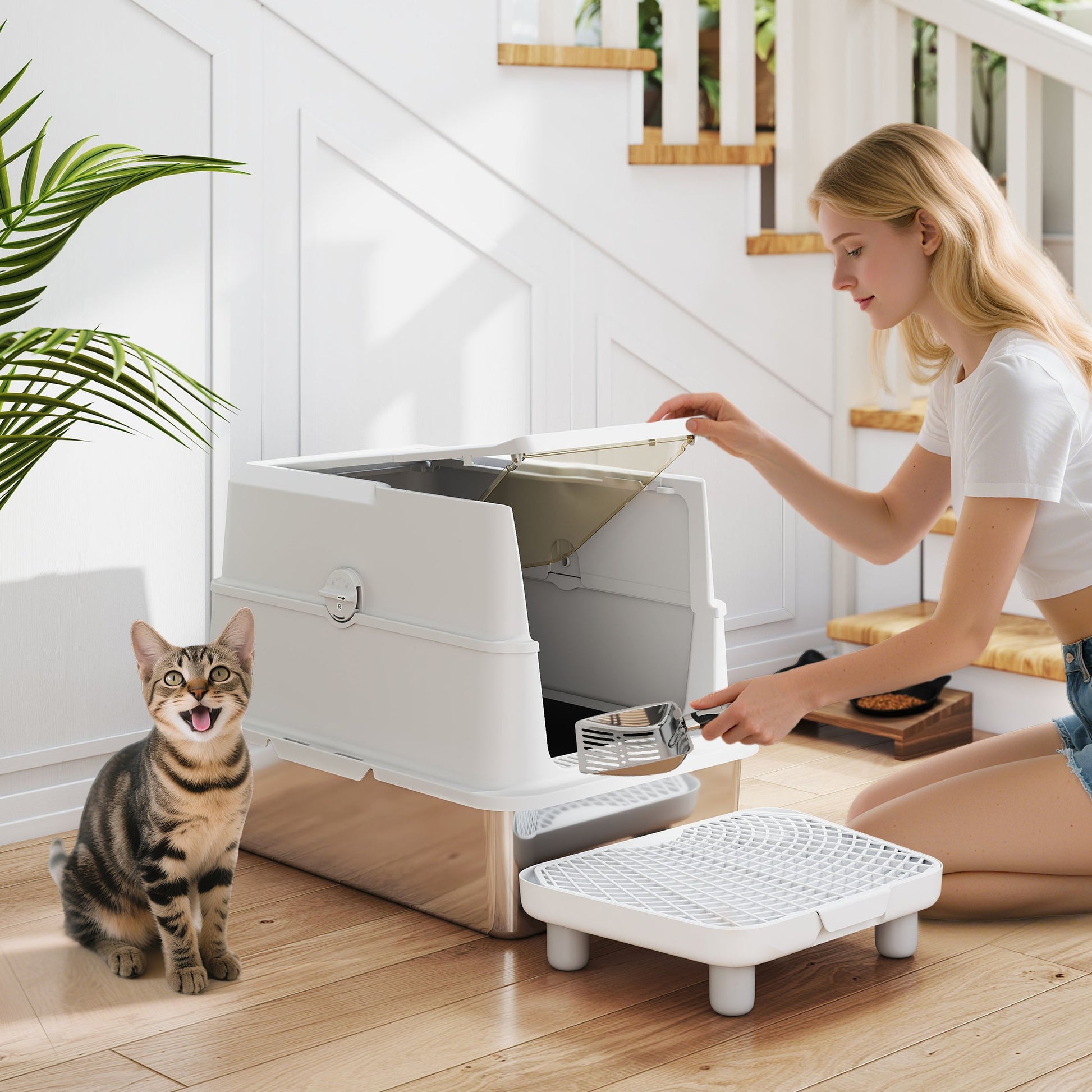 KFX-8105917 Extra Large Stainless Steel Cat Litter Box with Flip Cover and High-Sided Design for Easy Cleaning