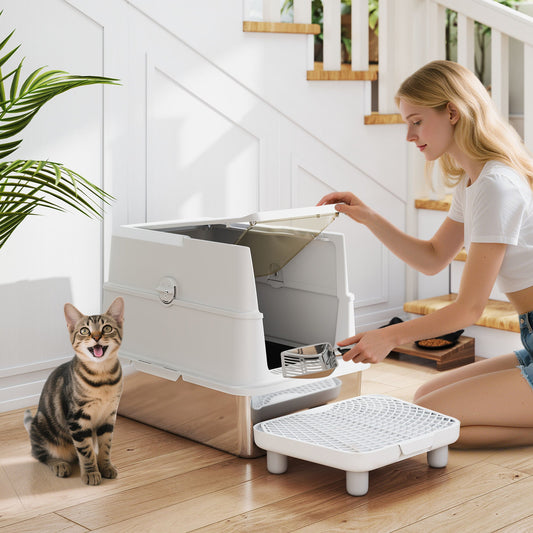 KFX-8105917 Extra Large Stainless Steel Cat Litter Box with Flip Cover and High-Sided Design for Easy Cleaning