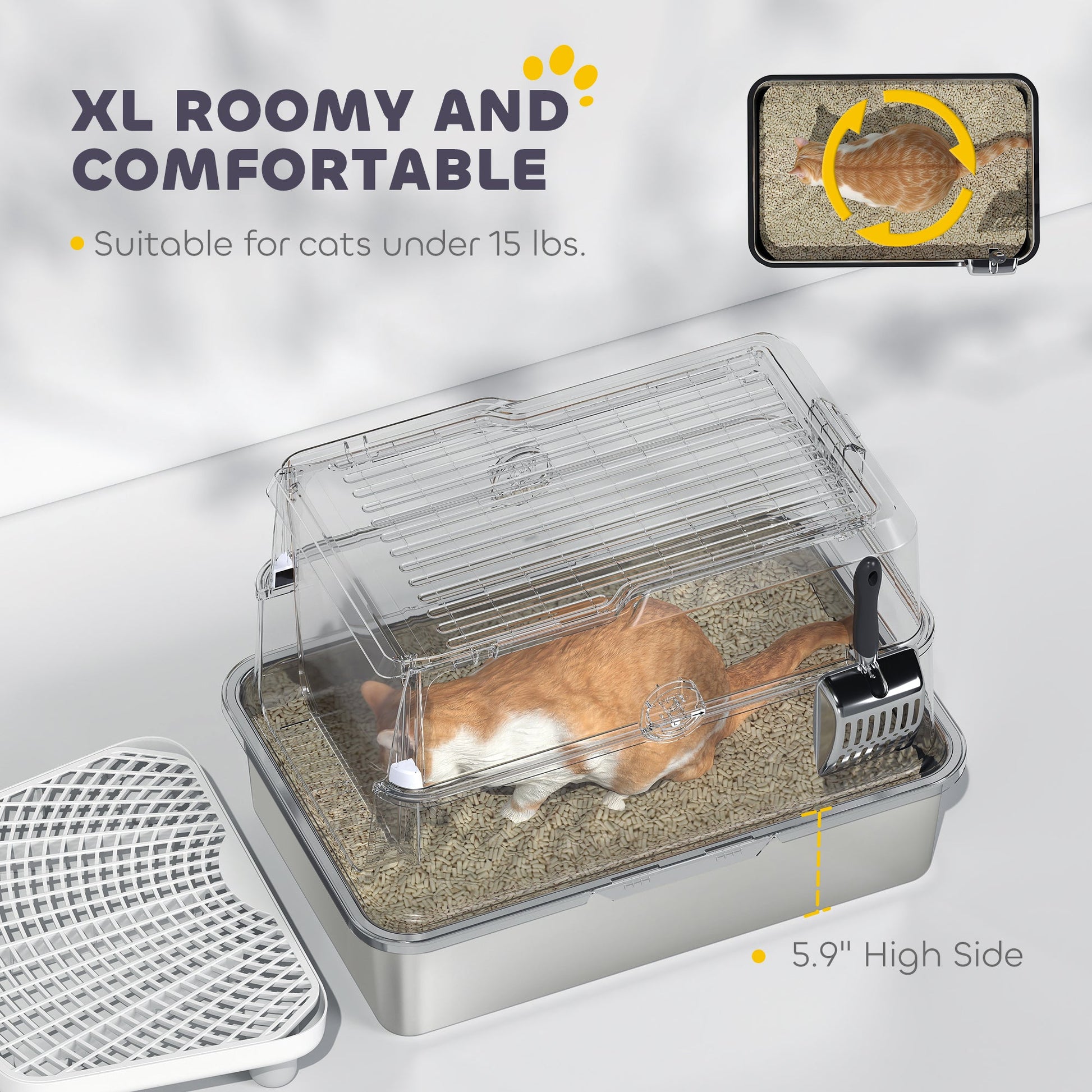 KFX-8105917 Extra Large Stainless Steel Cat Litter Box with Flip Cover and High-Sided Design for Easy Cleaning