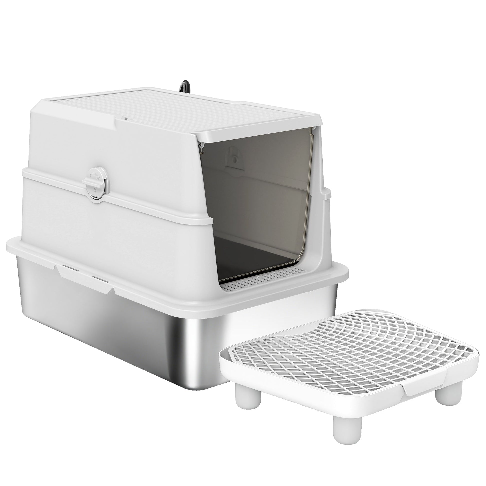 KFX-8105917 Extra Large Stainless Steel Cat Litter Box with Flip Cover and High-Sided Design for Easy Cleaning