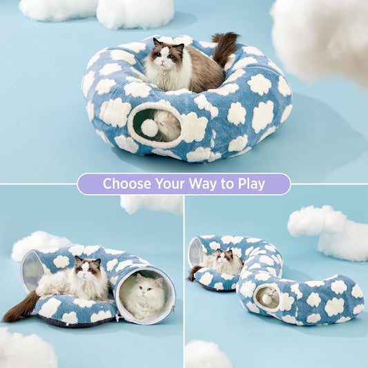 KFX-8110269 Foldable Plush Cat Tunnel Nest, Light Cloud Design, Soft Cloth, Blue, 80*26*20cm