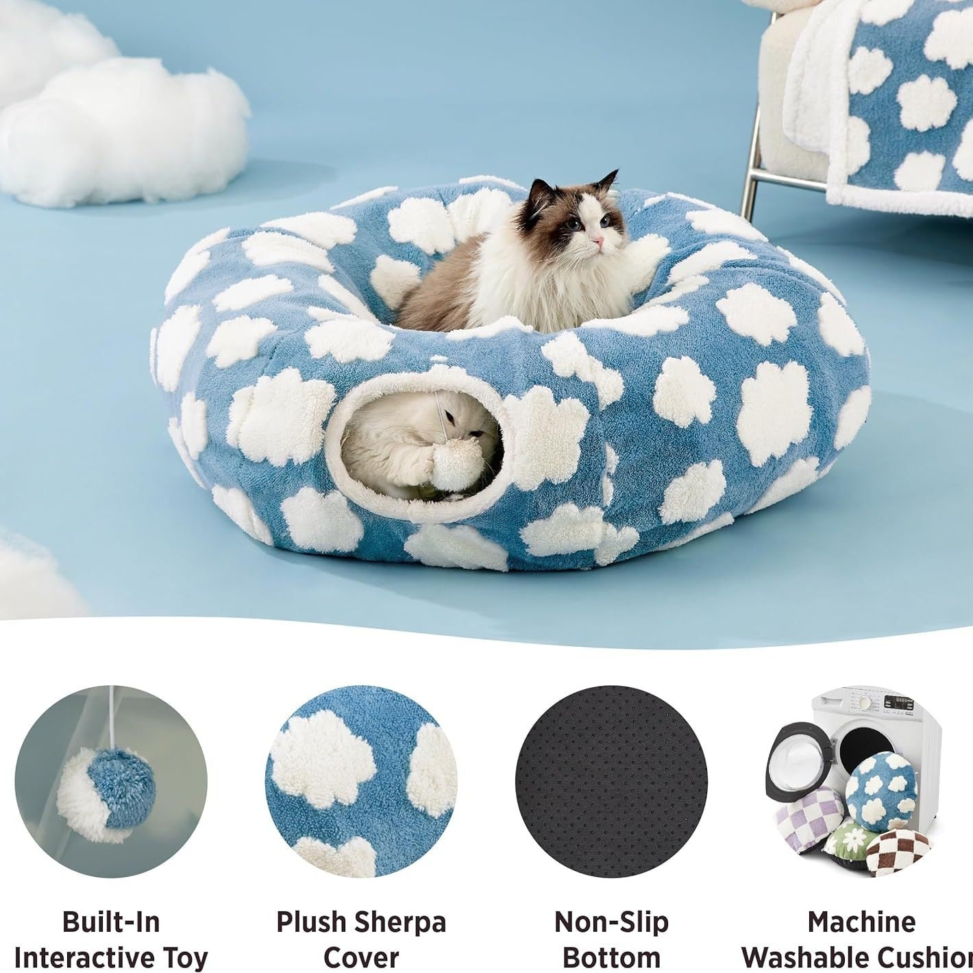 KFX-8110269 Foldable Plush Cat Tunnel Nest, Light Cloud Design, Soft Cloth, Blue, 80*26*20cm