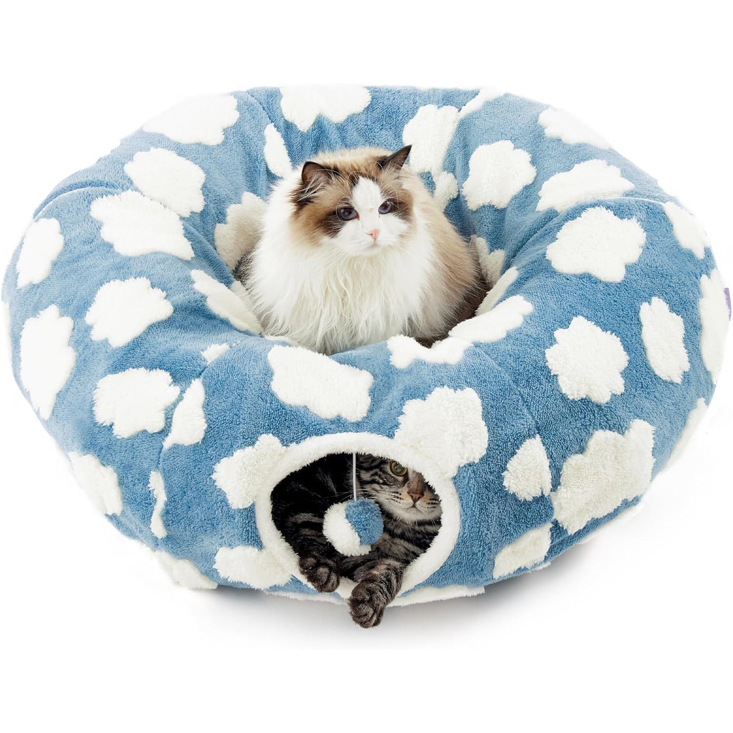 KFX-8110269 Foldable Plush Cat Tunnel Nest, Light Cloud Design, Soft Cloth, Blue, 80*26*20cm