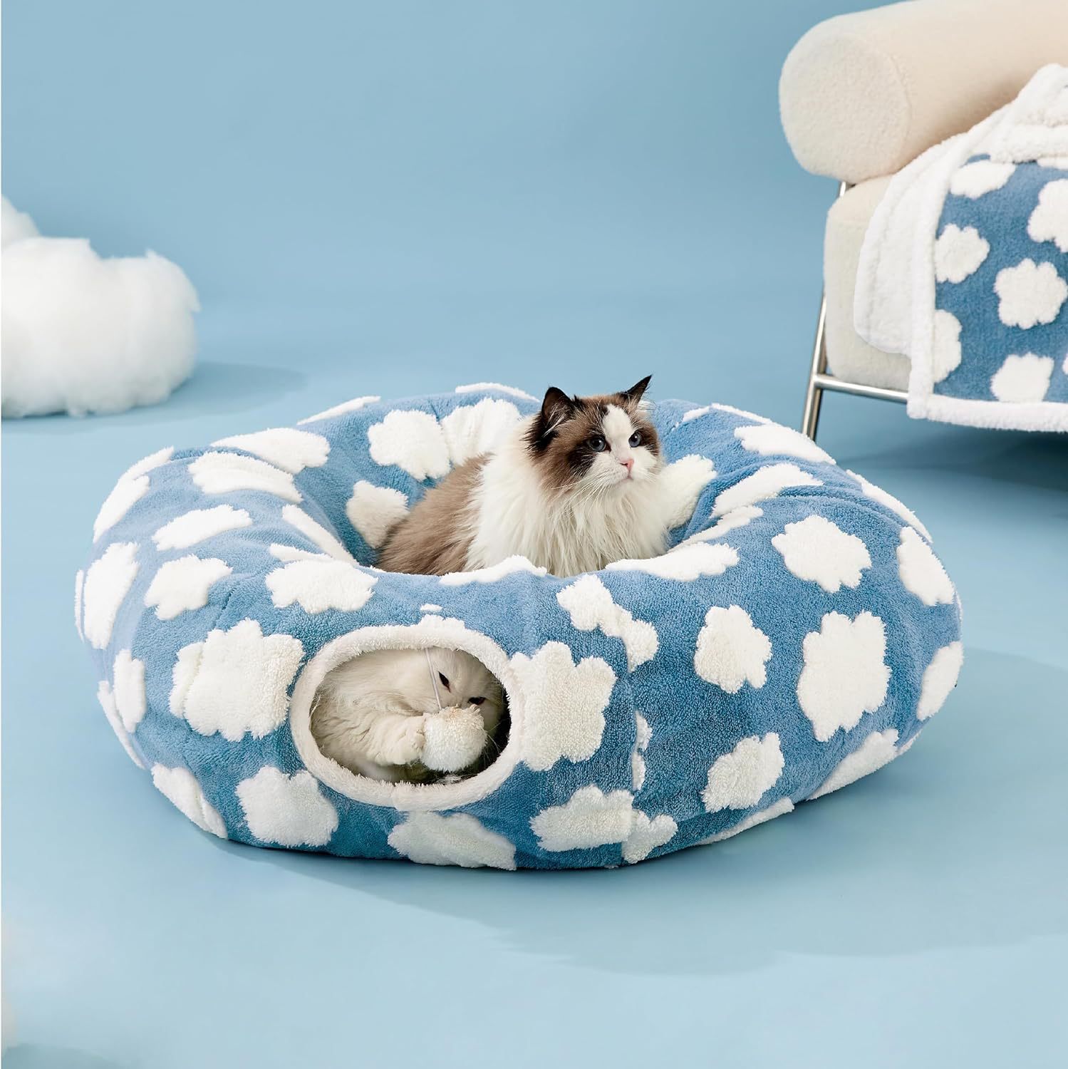 KFX-8110269 Foldable Plush Cat Tunnel Nest, Light Cloud Design, Soft Cloth, Blue, 80*26*20cm