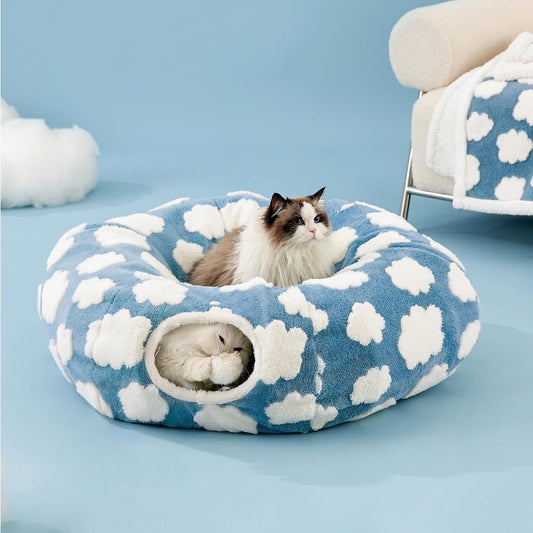 KFX-8110269 Foldable Plush Cat Tunnel Nest, Light Cloud Design, Soft Cloth, Blue, 80*26*20cm