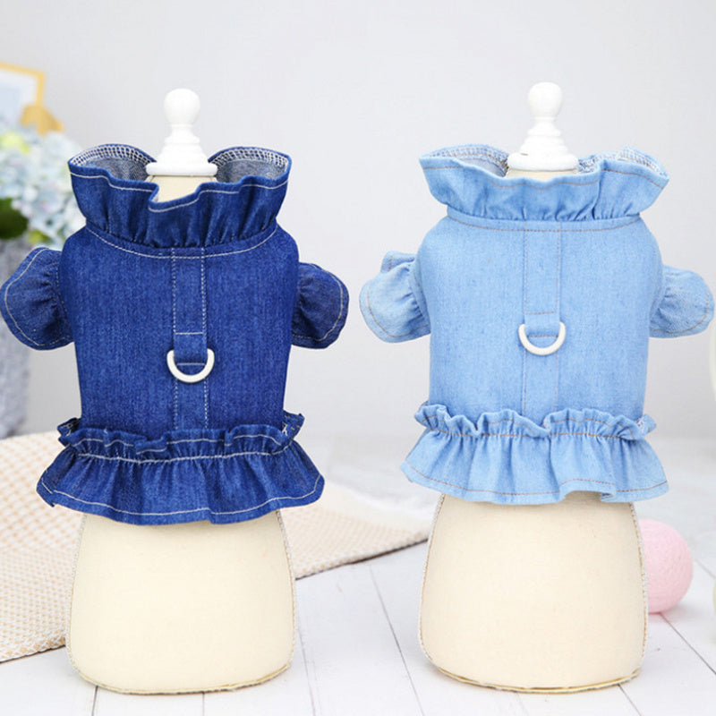 KFX-8115645 Denim Ruffle Vest for Pets - Stylish Dog & Cat Harness Dress with Leash Hook in Blue