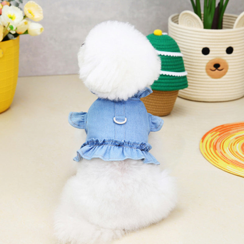 KFX-8115645 Denim Ruffle Vest for Pets - Stylish Dog & Cat Harness Dress with Leash Hook in Blue