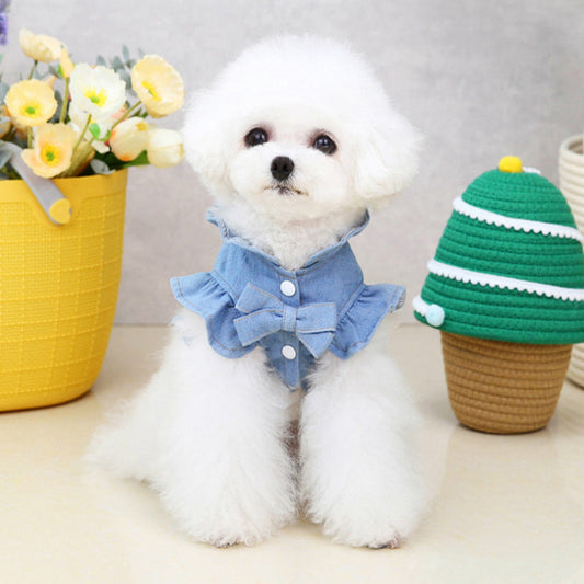 KFX-8115645 Denim Ruffle Vest for Pets - Stylish Dog & Cat Harness Dress with Leash Hook in Blue