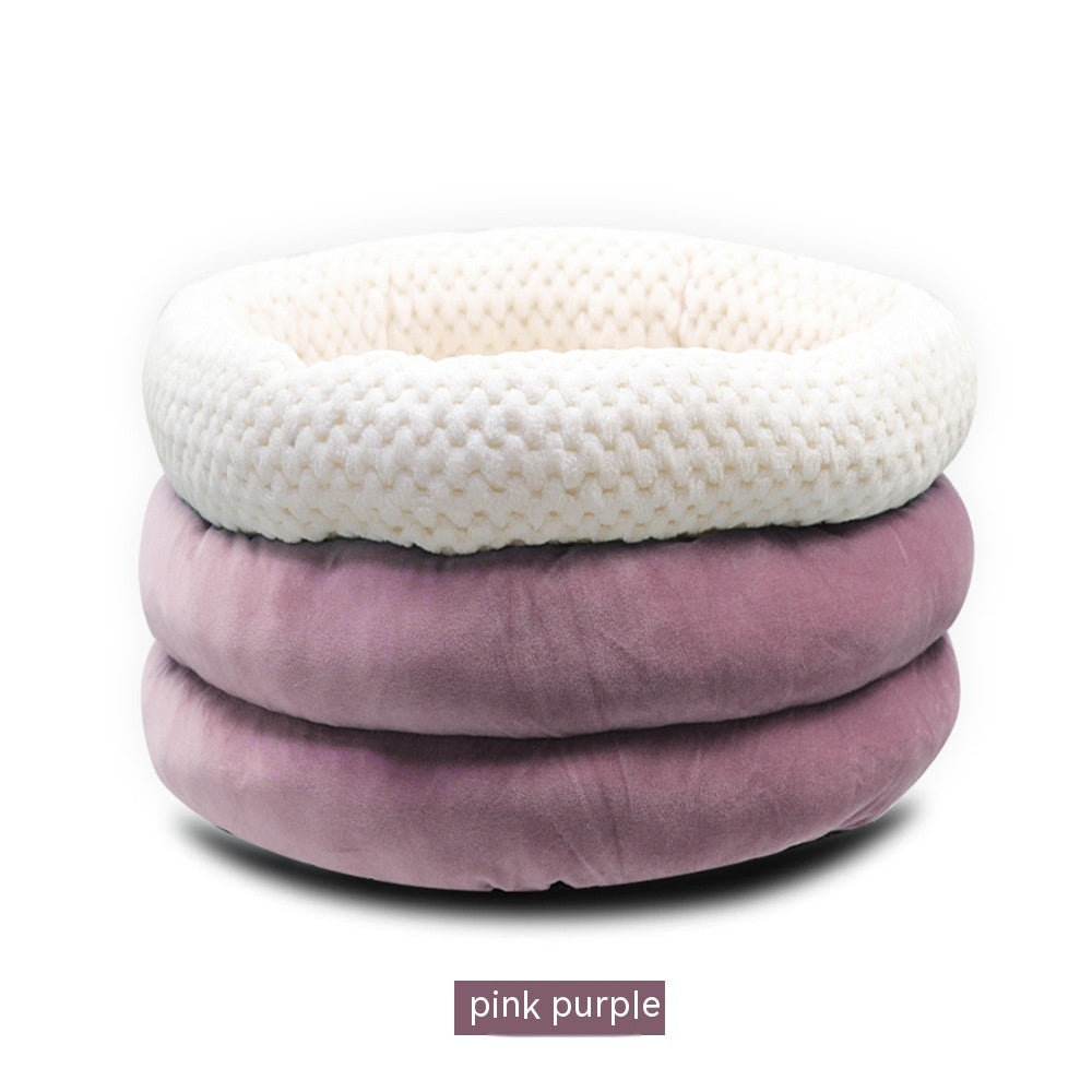 KFX-8116029 Semi-closed Round Ice Velvet Dog Bed for Deep Sleep - Available in Blue, Pink Purple, and Brown, Size 45x45x22cm