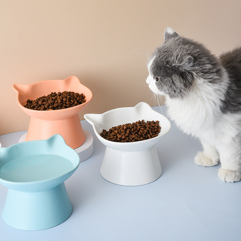 KFX-8116157 High-legged Ceramic Cat Bowl - 350ml Capacity, Easy to Clean, Sloping Design in White, Orange, or Blue