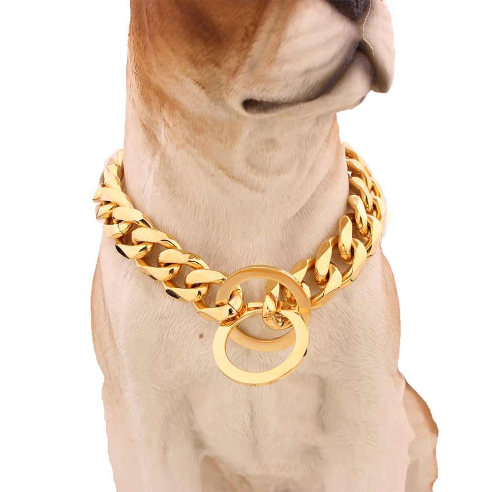 KFX-8117949 Two-tone Polished Gold Titanium Steel Dog Collar - Durable, Stylish Design, Various Sizes Available