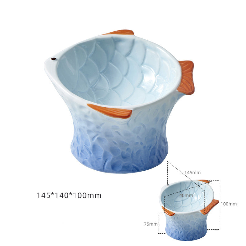 KFX-8119229 Elevated Ceramic Cat Feeder Bowl - Fish Shape with 15° Tilt for Comfortable Eating and Whisker Fatigue Relief