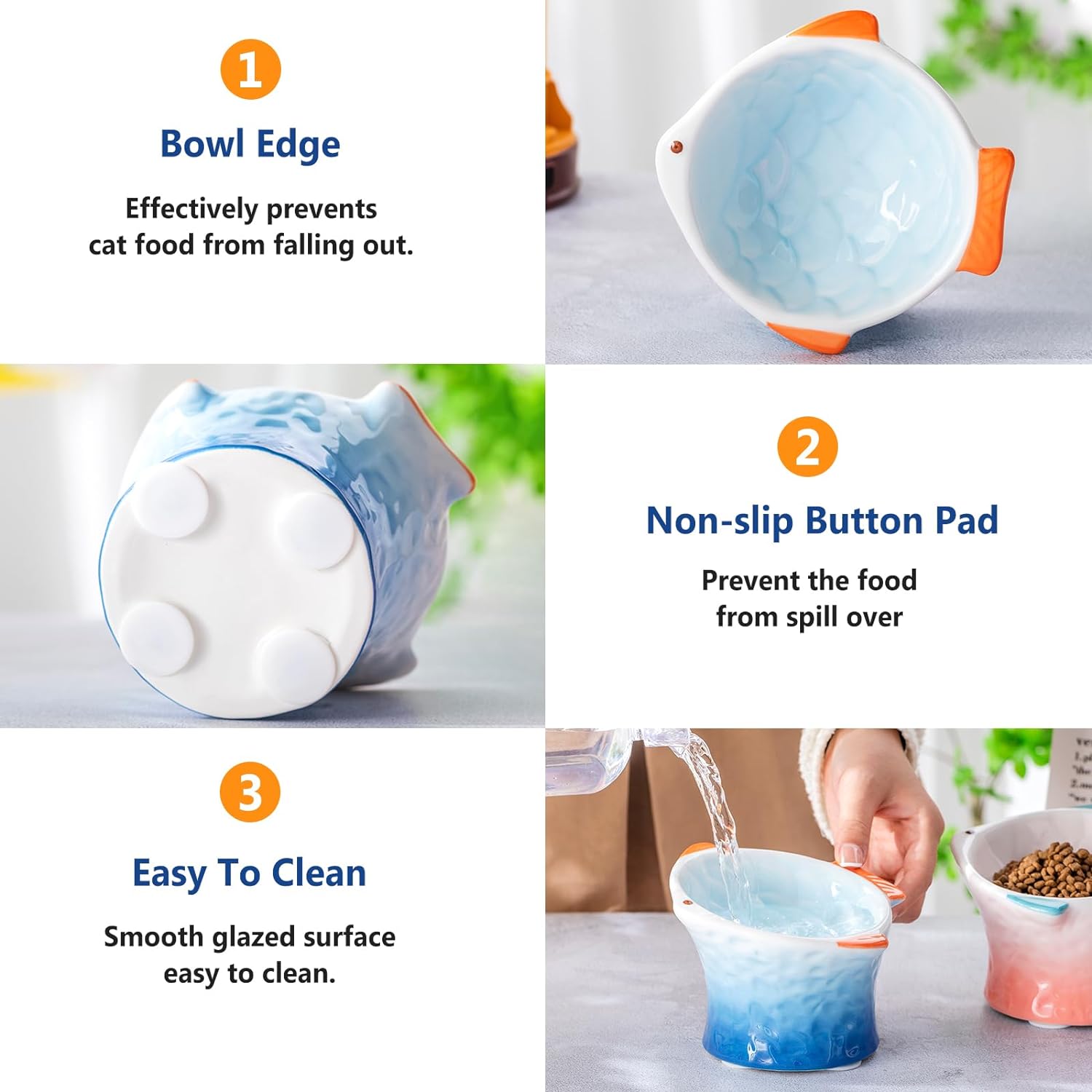 KFX-8119229 Elevated Ceramic Cat Feeder Bowl - Fish Shape with 15° Tilt for Comfortable Eating and Whisker Fatigue Relief