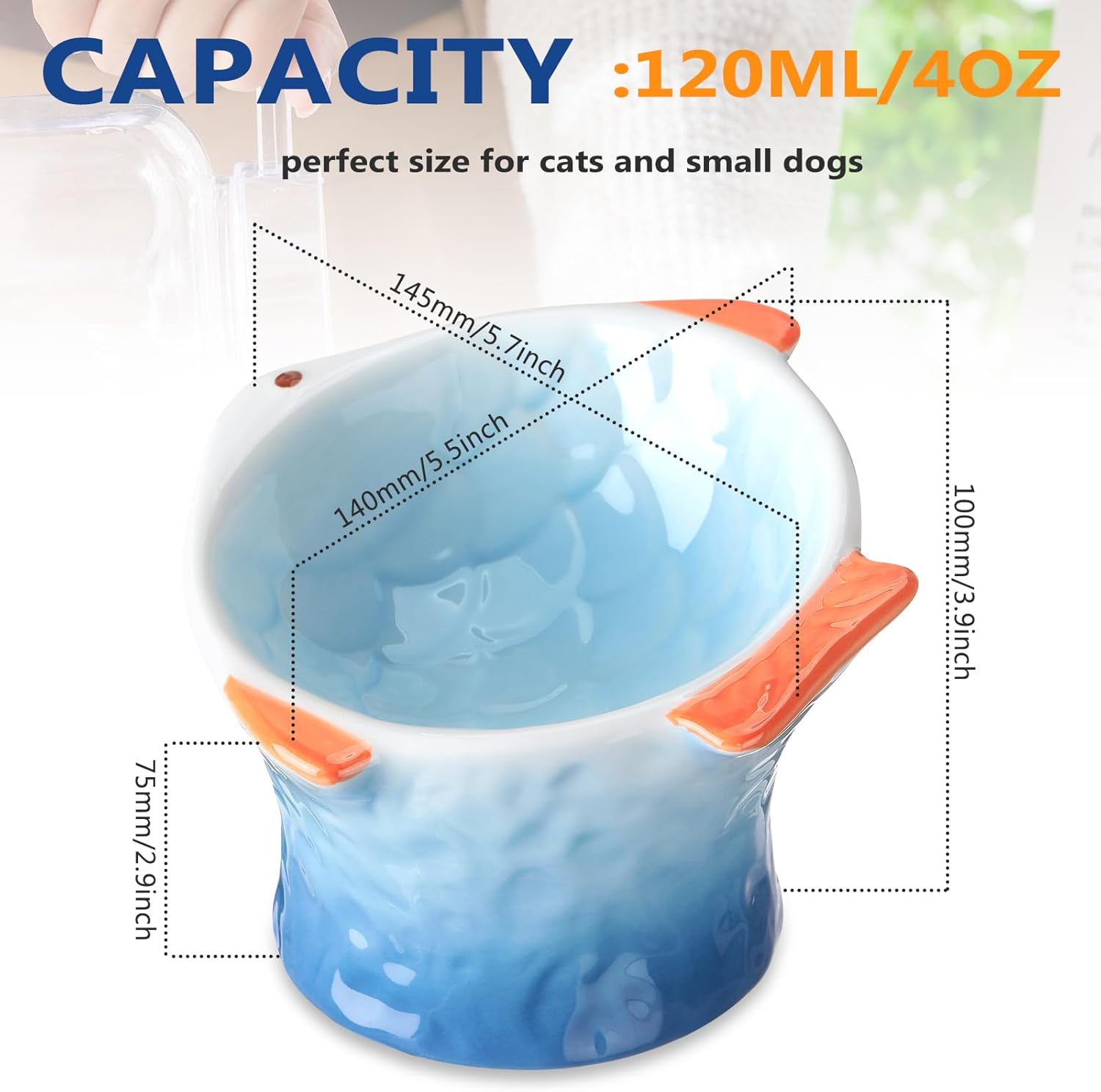 KFX-8119229 Elevated Ceramic Cat Feeder Bowl - Fish Shape with 15° Tilt for Comfortable Eating and Whisker Fatigue Relief