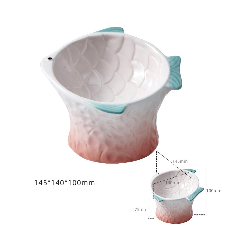 KFX-8119229 Elevated Ceramic Cat Feeder Bowl - Fish Shape with 15° Tilt for Comfortable Eating and Whisker Fatigue Relief