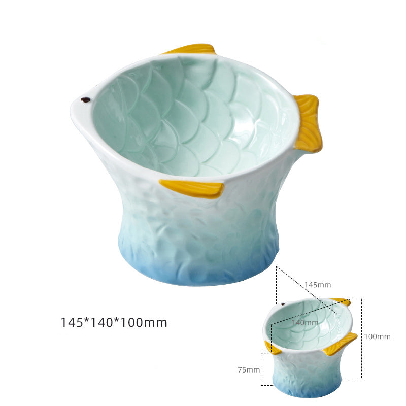 KFX-8119229 Elevated Ceramic Cat Feeder Bowl - Fish Shape with 15° Tilt for Comfortable Eating and Whisker Fatigue Relief
