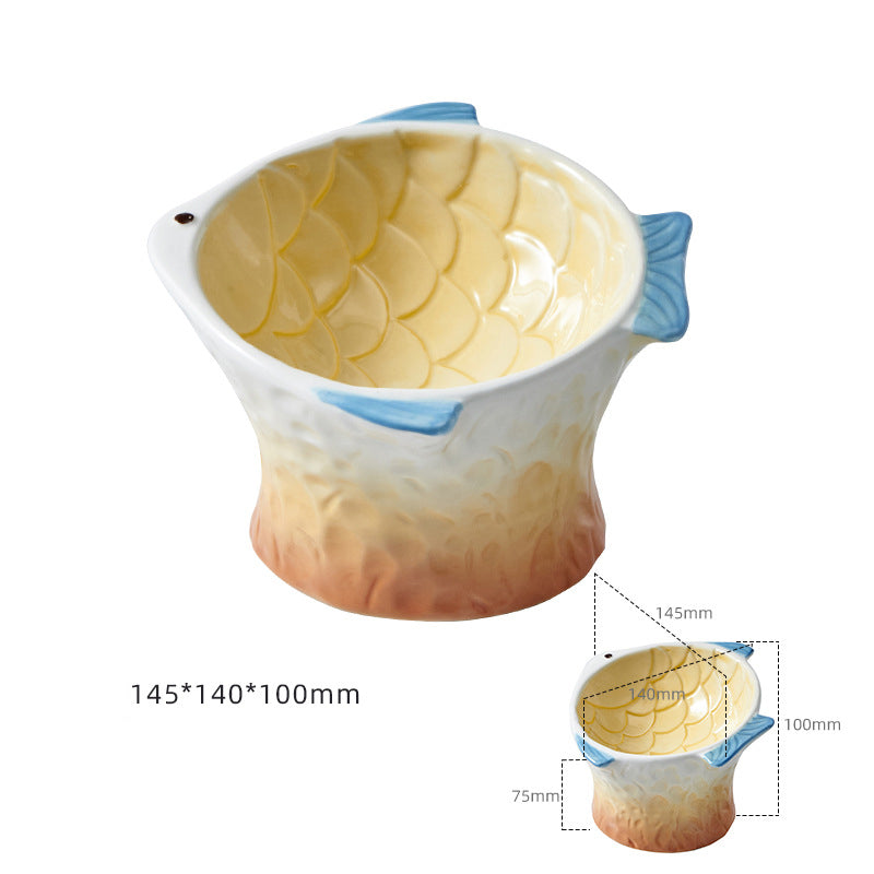 KFX-8119229 Elevated Ceramic Cat Feeder Bowl - Fish Shape with 15° Tilt for Comfortable Eating and Whisker Fatigue Relief