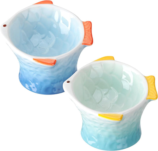 KFX-8119229 Elevated Ceramic Cat Feeder Bowl - Fish Shape with 15° Tilt for Comfortable Eating and Whisker Fatigue Relief