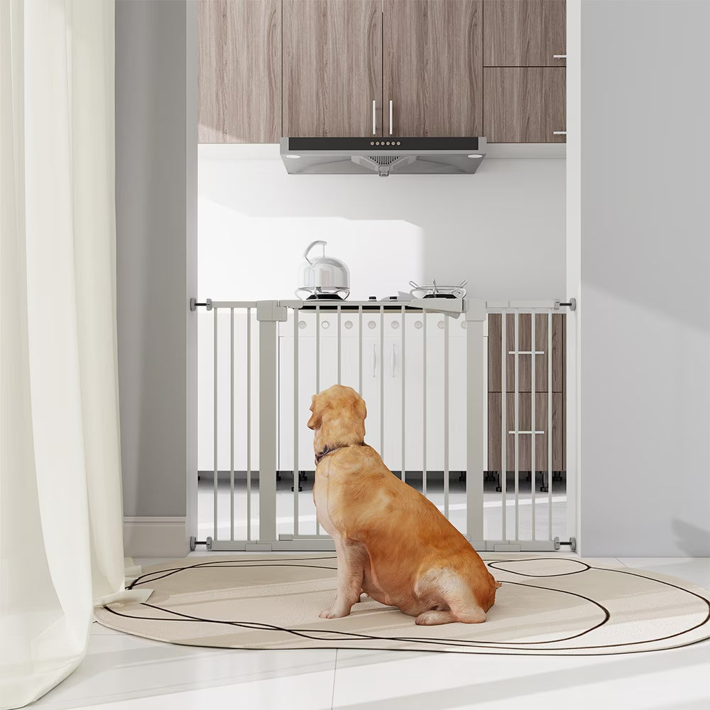 KFX-8119613 30-Inch High White Child Safety Gate with Extensions for Baby Door Barrier