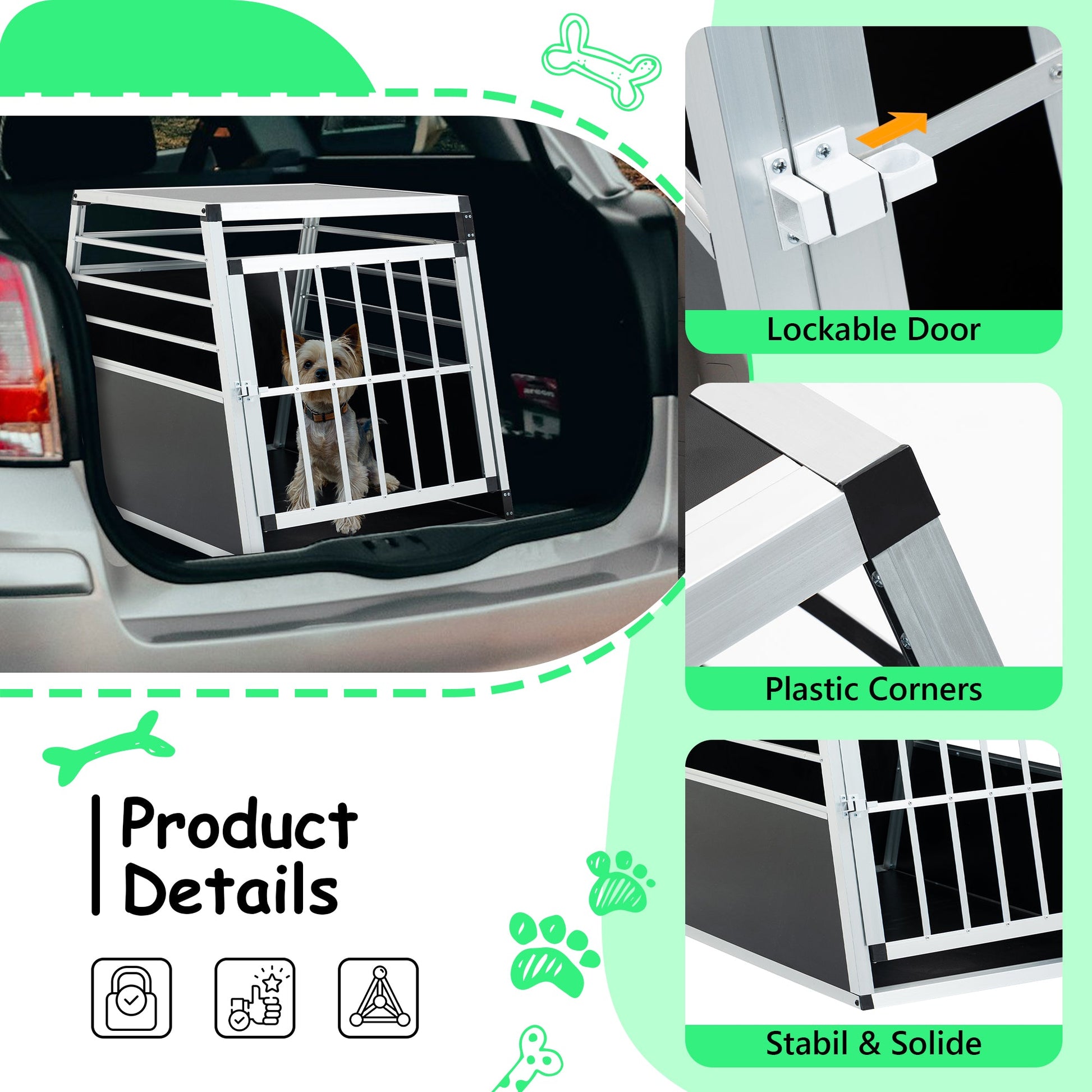 KFX-8125373 Aluminum Pet Transport Case - Travel Carrier for Cats and Dogs, Black and Silver, Stain-Resistant and Ventilated Design