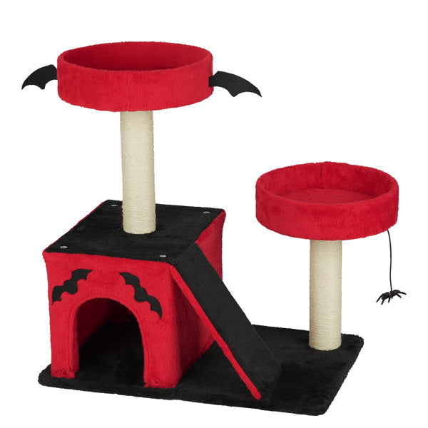 KFX-8130749 Gothic Cat Tree with Cozy Condo, Dual Padded Perches, Scratching Posts, and Spider Toy in Red & Black