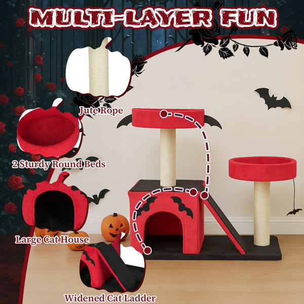KFX-8130749 Gothic Cat Tree with Cozy Condo, Dual Padded Perches, Scratching Posts, and Spider Toy in Red & Black