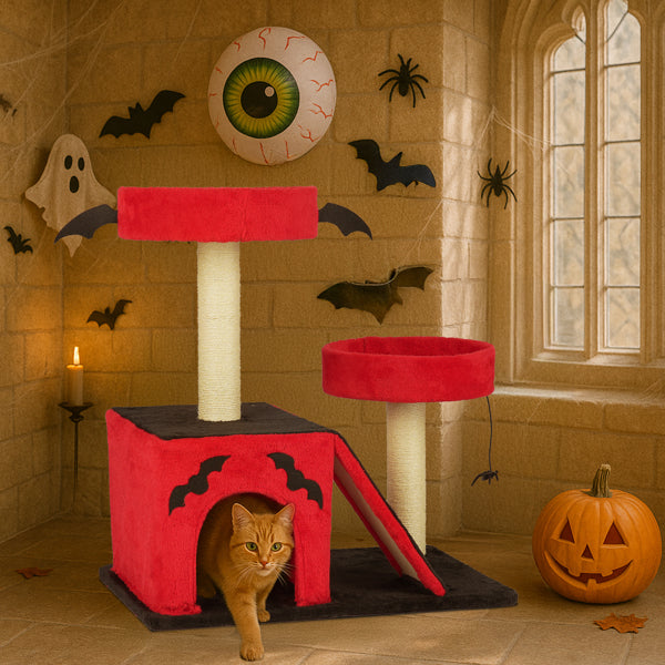 KFX-8130749 Gothic Cat Tree with Cozy Condo, Dual Padded Perches, Scratching Posts, and Spider Toy in Red & Black
