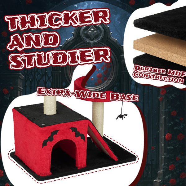 KFX-8130749 Gothic Cat Tree with Cozy Condo, Dual Padded Perches, Scratching Posts, and Spider Toy in Red & Black