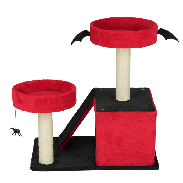 KFX-8130749 Gothic Cat Tree with Cozy Condo, Dual Padded Perches, Scratching Posts, and Spider Toy in Red & Black