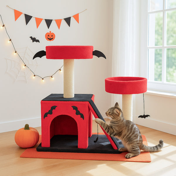 KFX-8130749 Gothic Cat Tree with Cozy Condo, Dual Padded Perches, Scratching Posts, and Spider Toy in Red & Black