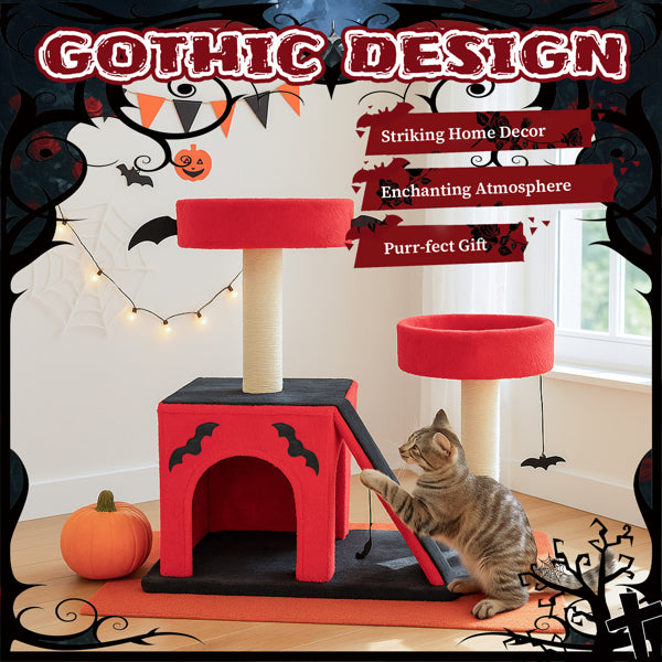 KFX-8130749 Gothic Cat Tree with Cozy Condo, Dual Padded Perches, Scratching Posts, and Spider Toy in Red & Black
