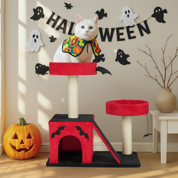 KFX-8130749 Gothic Cat Tree with Cozy Condo, Dual Padded Perches, Scratching Posts, and Spider Toy in Red & Black