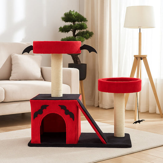 KFX-8130749 Gothic Cat Tree with Cozy Condo, Dual Padded Perches, Scratching Posts, and Spider Toy in Red & Black