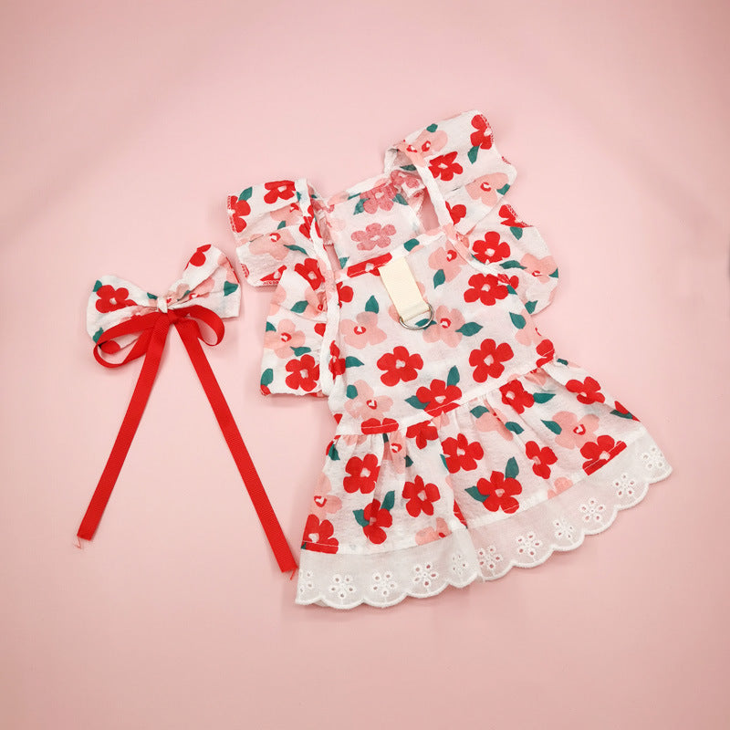 KFX-8133821 Floral Print Dress with Bow Tie and Hairpin for Dogs and Cats