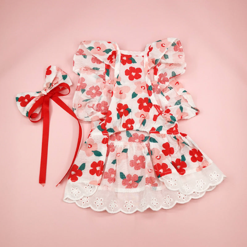KFX-8133821 Floral Print Dress with Bow Tie and Hairpin for Dogs and Cats