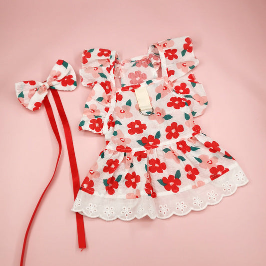 KFX-8133821 Floral Print Dress with Bow Tie and Hairpin for Dogs and Cats