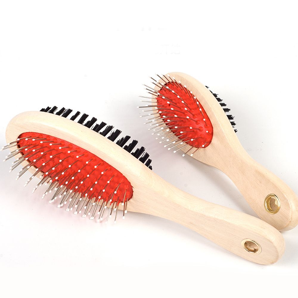 KFX-8144573 Wooden Handle Dual-Use Dog Grooming Comb with Needle and Brush Surfaces, Small and Large Sizes Available