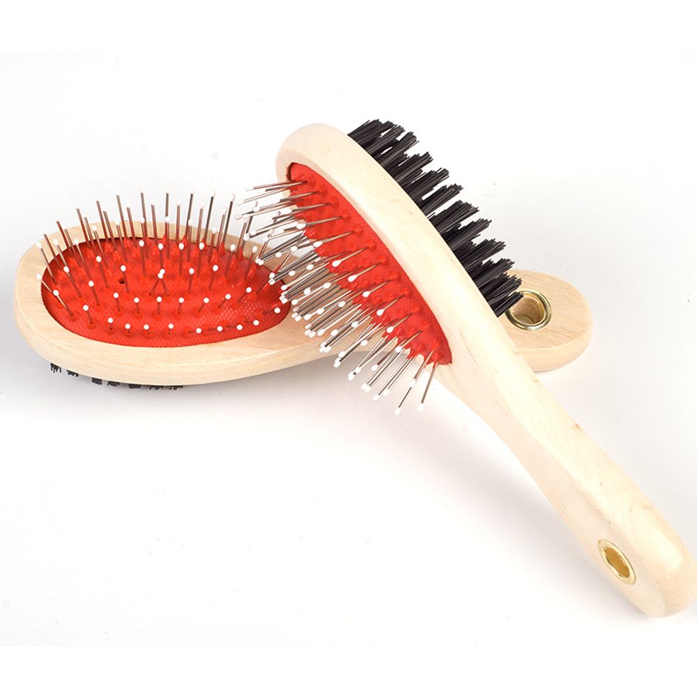 KFX-8144573 Wooden Handle Dual-Use Dog Grooming Comb with Needle and Brush Surfaces, Small and Large Sizes Available
