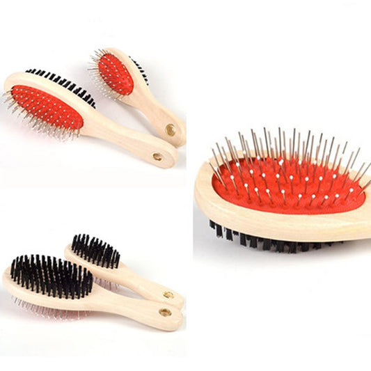 KFX-8144573 Wooden Handle Dual-Use Dog Grooming Comb with Needle and Brush Surfaces, Small and Large Sizes Available