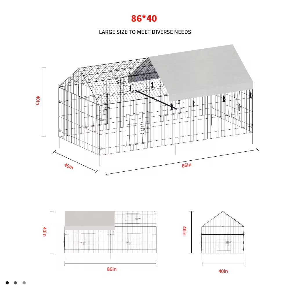 KFX-8152381 Pointed Wire Chicken Coop for Poultry Breeding, Metal and Fabric Structure, 86 x 40 x 40 Inches
