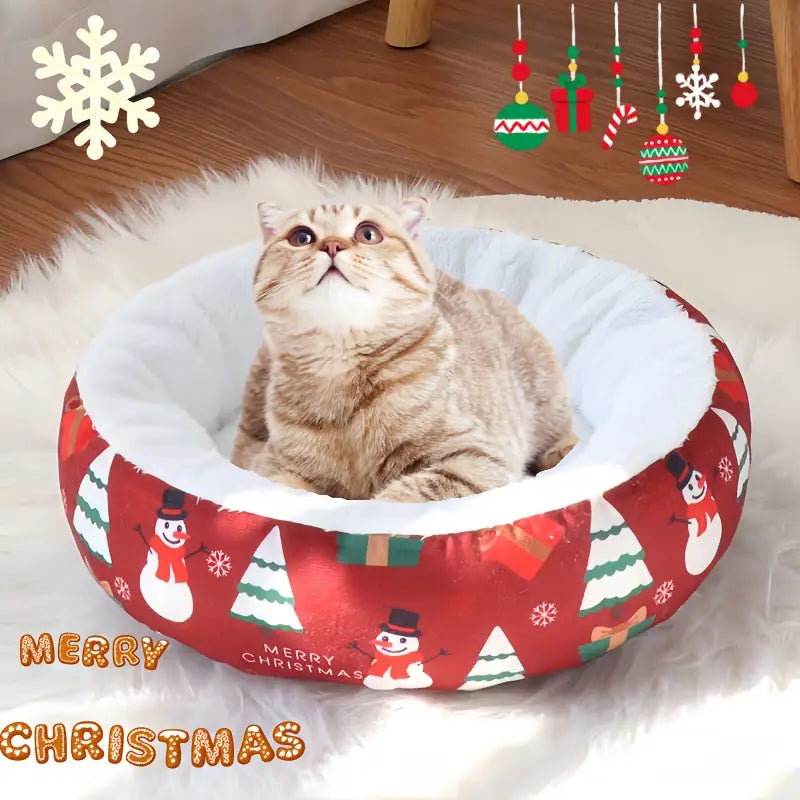 KFX-8152765 Christmas-Themed Warm Pet Bedding for Small and Medium Dogs and Cats - Cozy Nest with Holiday Prints