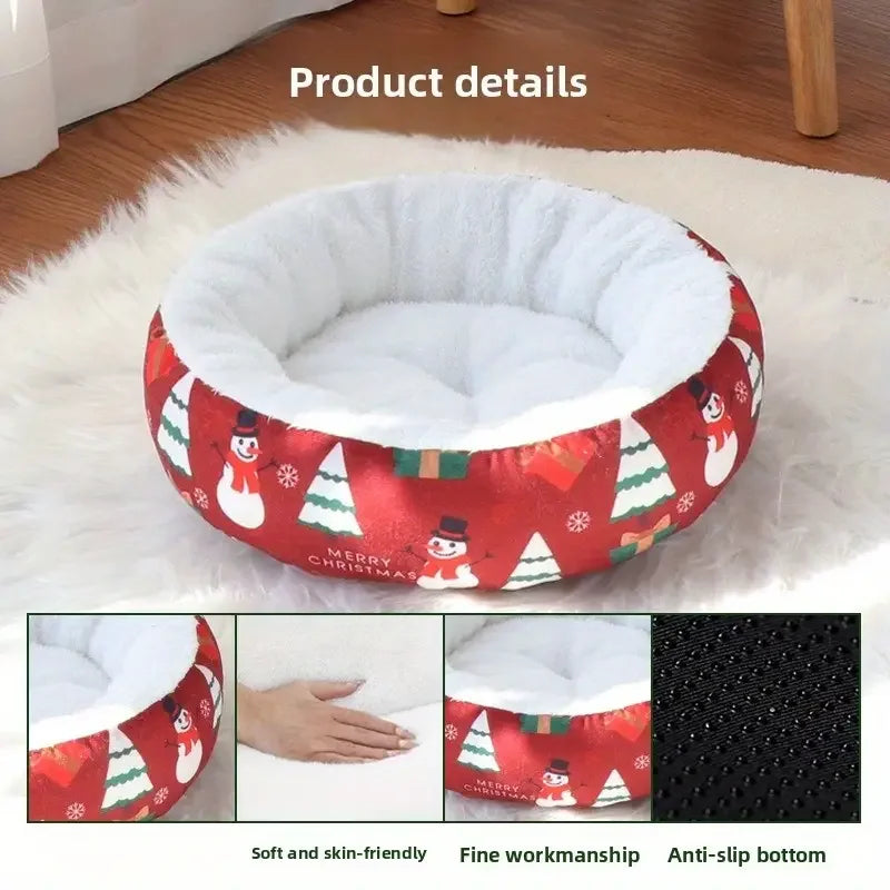 KFX-8152765 Christmas-Themed Warm Pet Bedding for Small and Medium Dogs and Cats - Cozy Nest with Holiday Prints