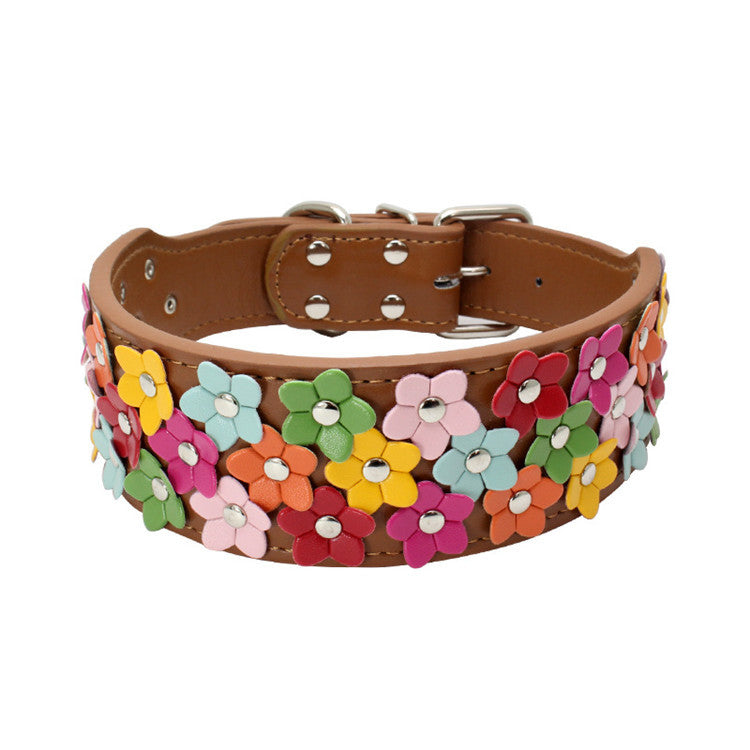 KFX-8156477 Three Rows of Flowers PU Large Dog Collar in Multiple Colors