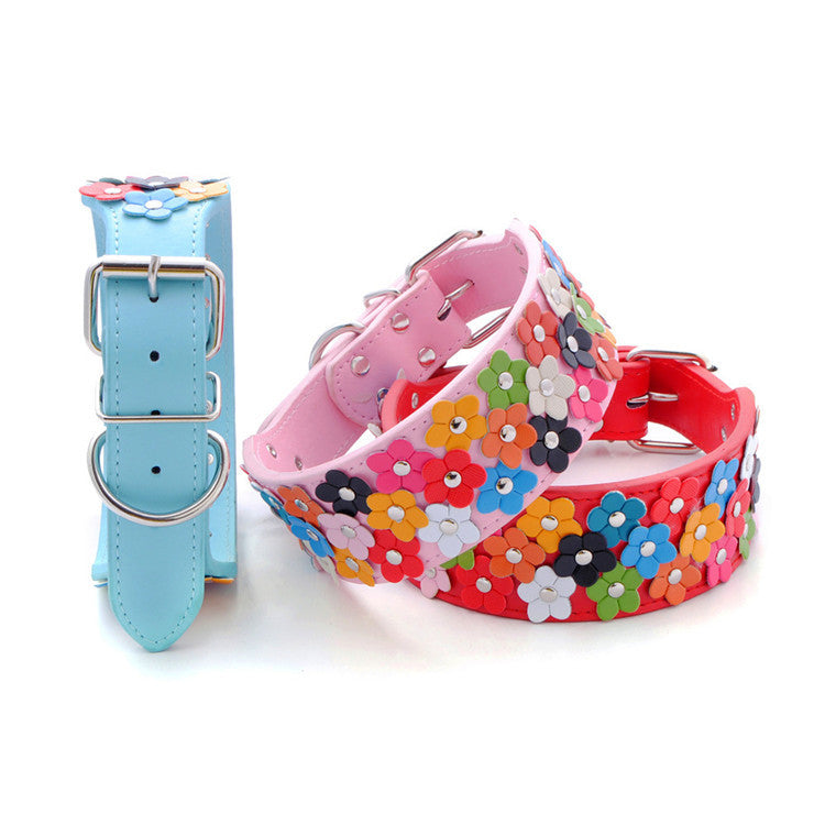 KFX-8156477 Three Rows of Flowers PU Large Dog Collar in Multiple Colors