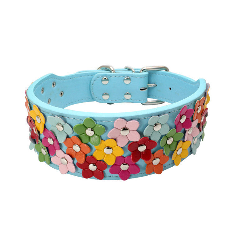 KFX-8156477 Three Rows of Flowers PU Large Dog Collar in Multiple Colors