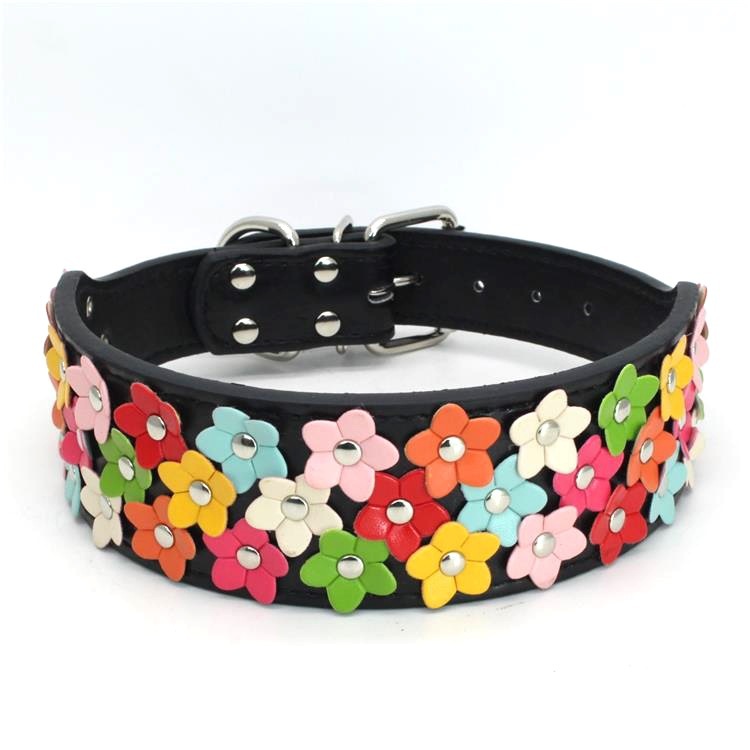 KFX-8156477 Three Rows of Flowers PU Large Dog Collar in Multiple Colors