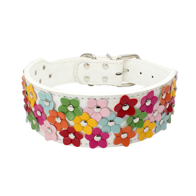 KFX-8156477 Three Rows of Flowers PU Large Dog Collar in Multiple Colors