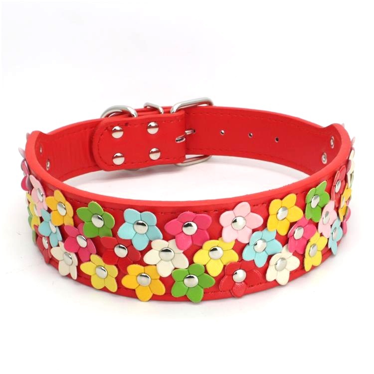 KFX-8156477 Three Rows of Flowers PU Large Dog Collar in Multiple Colors