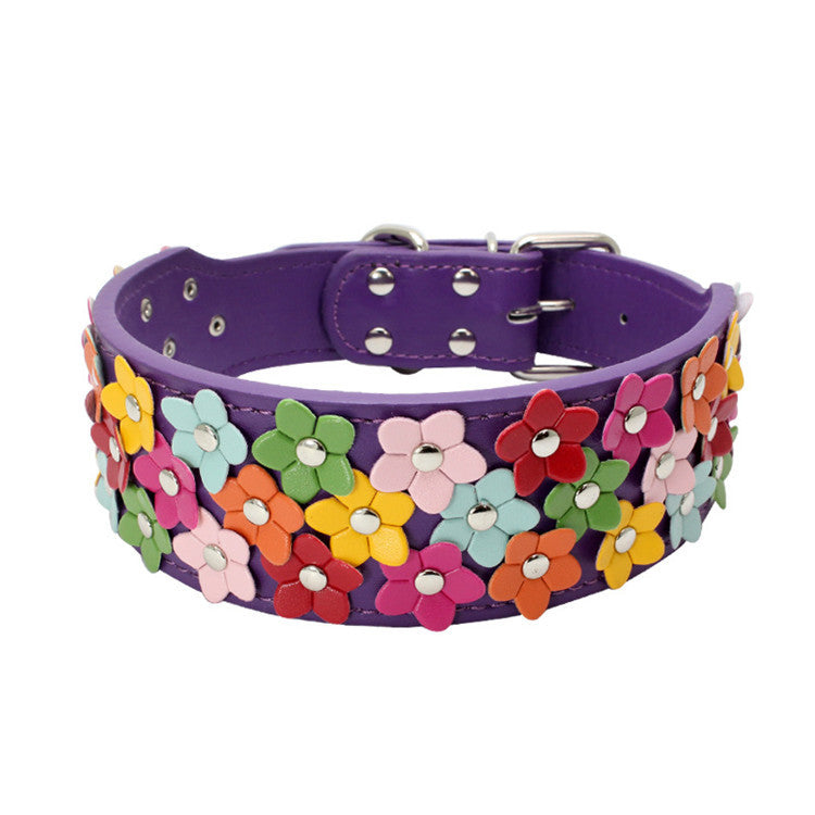 KFX-8156477 Three Rows of Flowers PU Large Dog Collar in Multiple Colors